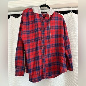 BDG Red and Blue Plaid Shirt with Gray Hood